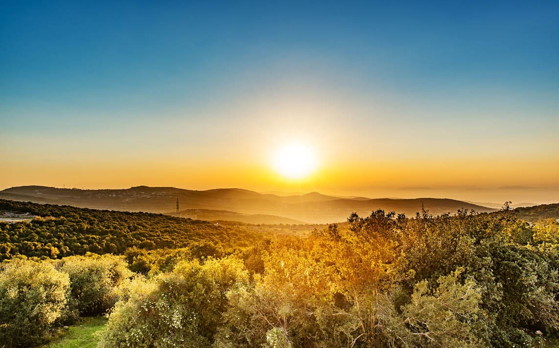 Sunset in Ajloun, Jordan. Ajloun. It is located about 76 km north west of Amman, with Israel visible.