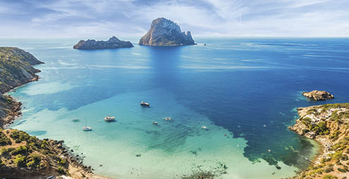 Aerial view of Cala d“u2019Hort, Ibiza islands, Spain