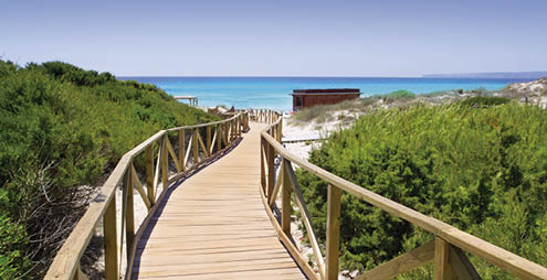 Formentera migjorn Els Arenals beach walkway of wood in Spain