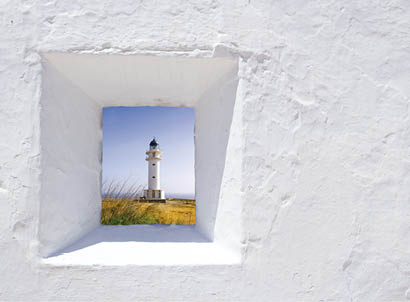 Formentera mediterranean white window with Barbaria lighthouse