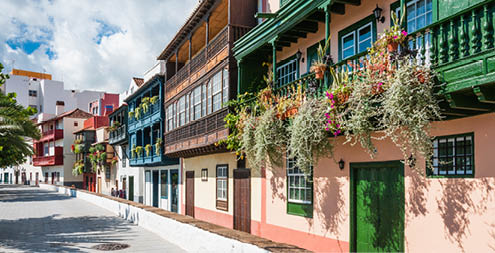 Colorful houses with balconies in Santa Cruz de La Palma, Canary Islands, Spain