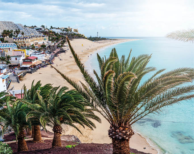 high angle view over town of Morro Jable on Fuerteventura island with beach and ocean