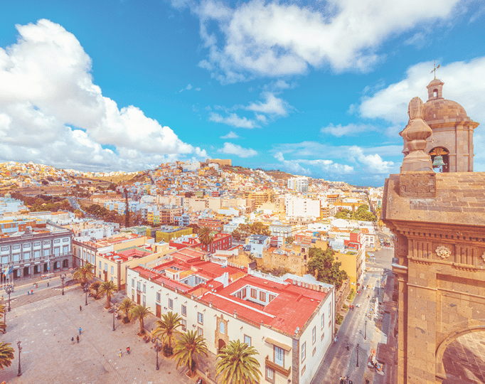 Elevated view over the historic old town, town hall, cathedral and town square of Las Palmas de Gran Canaria.