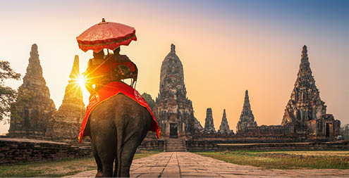 Tourists With an Elephant at Wat Chaiwatthanaram temple in Ayutthaya Historical Park, a UNESCO world heritage site in Thailand“n