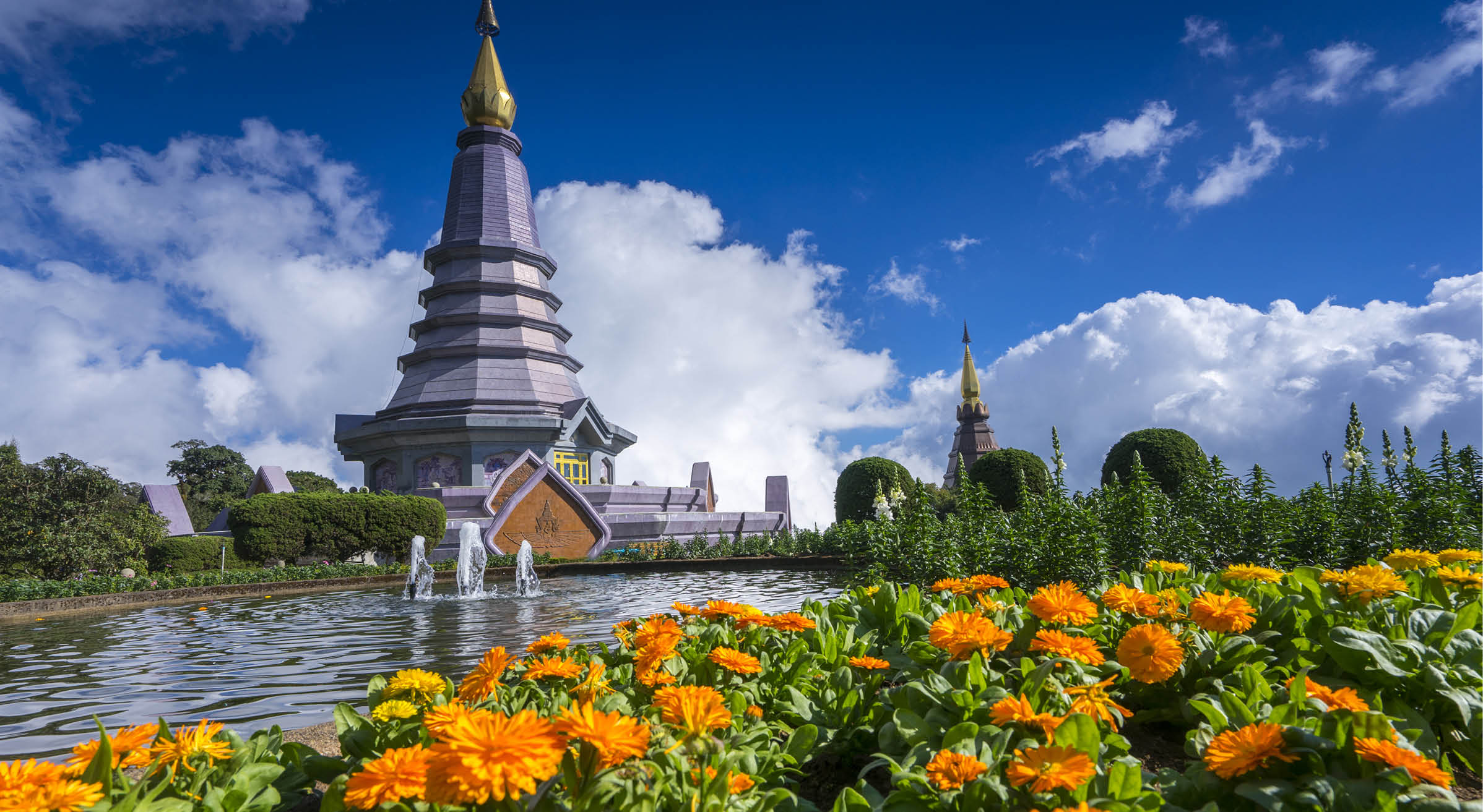 Landscape of two pagodas Noppamethanedol & Noppapol Phumsiri in an Inthanon mountain, Thailand.