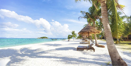 Empty sunny Koh Lipe Beach with tall palms and beach bungalows