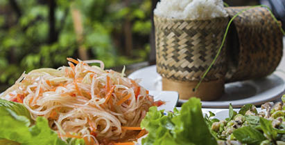 Traditional Lao cuisine: Spicy papaya salad with fish larb and sticky rice in the background. 
