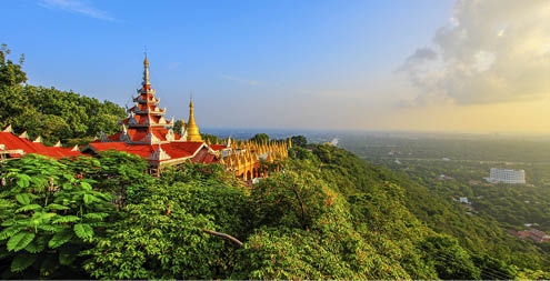 Mandalay Hill is located to the northeast of the city centre of Mandalay in Myanmar,known for its abundance of pagodas and monasteries.