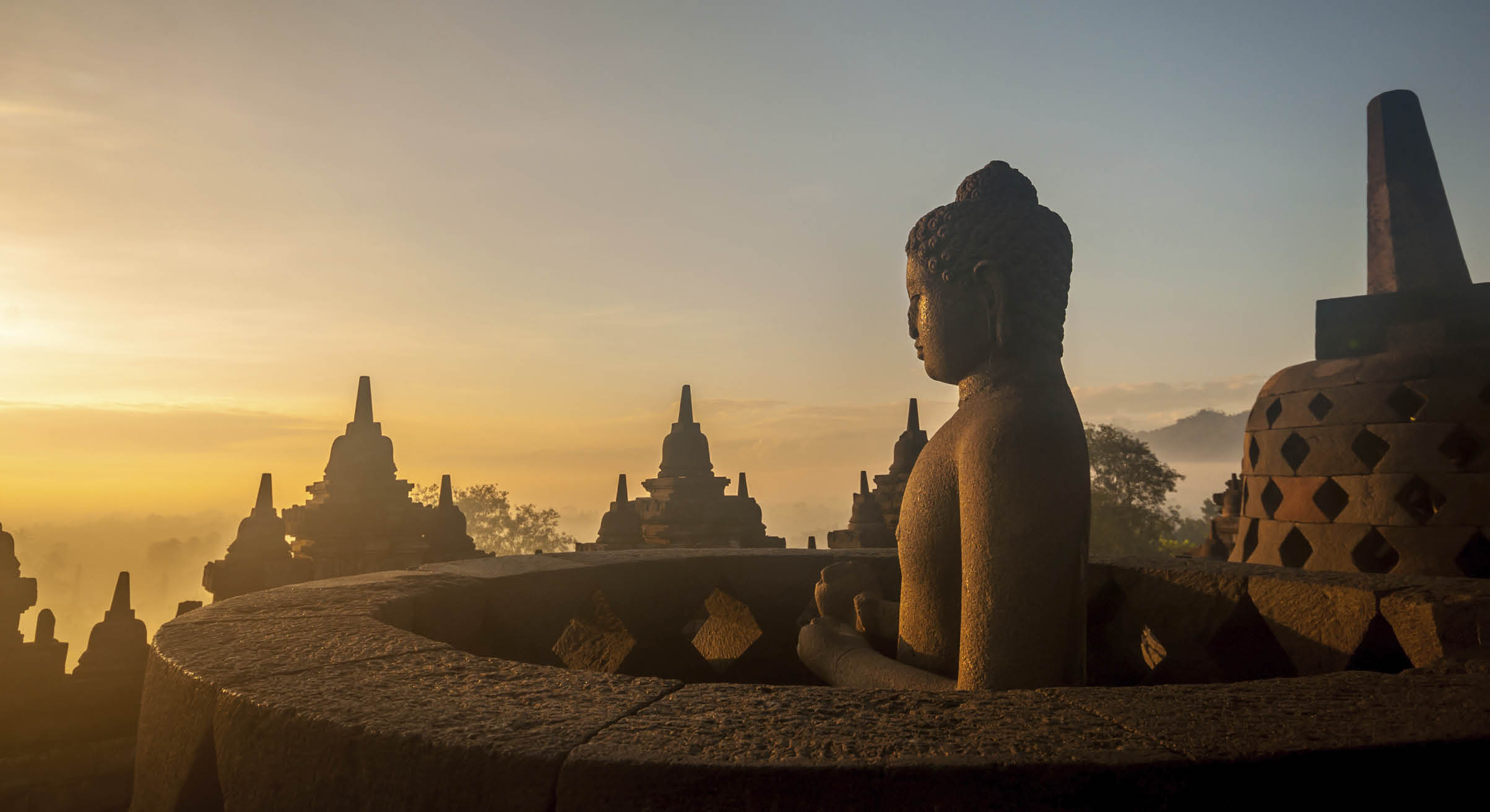Borobudur Temple at sunrise, Yogyakarta, Java, Indonesia. (silhouette scene)