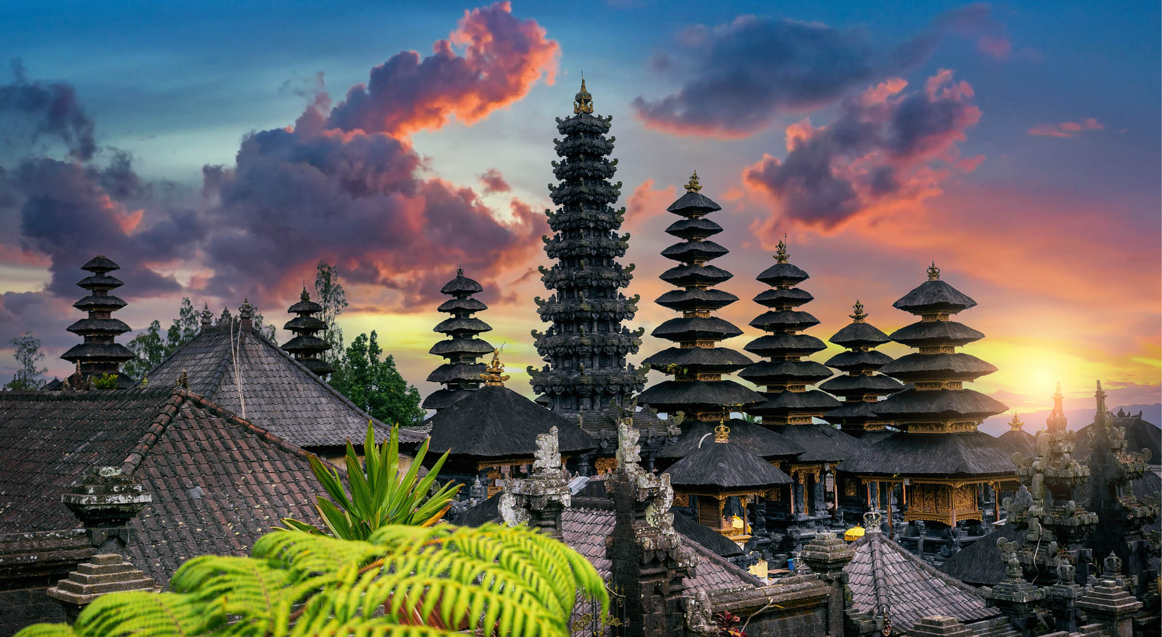 Besakih temple at sunset in Bali, Indonesia.