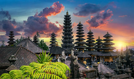 Besakih temple at sunset in Bali, Indonesia.