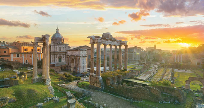 Left to right: Arch of Septimius Severus, the ruins of Temple of Saturn, the remains of the colonnade of Basilica Julia, the ruins of Temple of Castor and Pollux (the ruin with three columns)  Arch of Titus is visible in the distance 