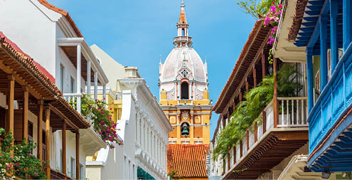 View of balconies leading to the stunning cathedral in Cartagena, Colombia