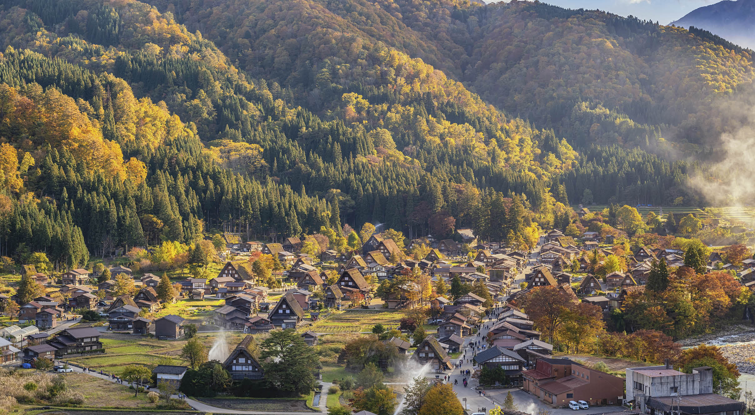 Shirakawago village Gifu Japan, Shirakawa village in autumn season with fire fighting training