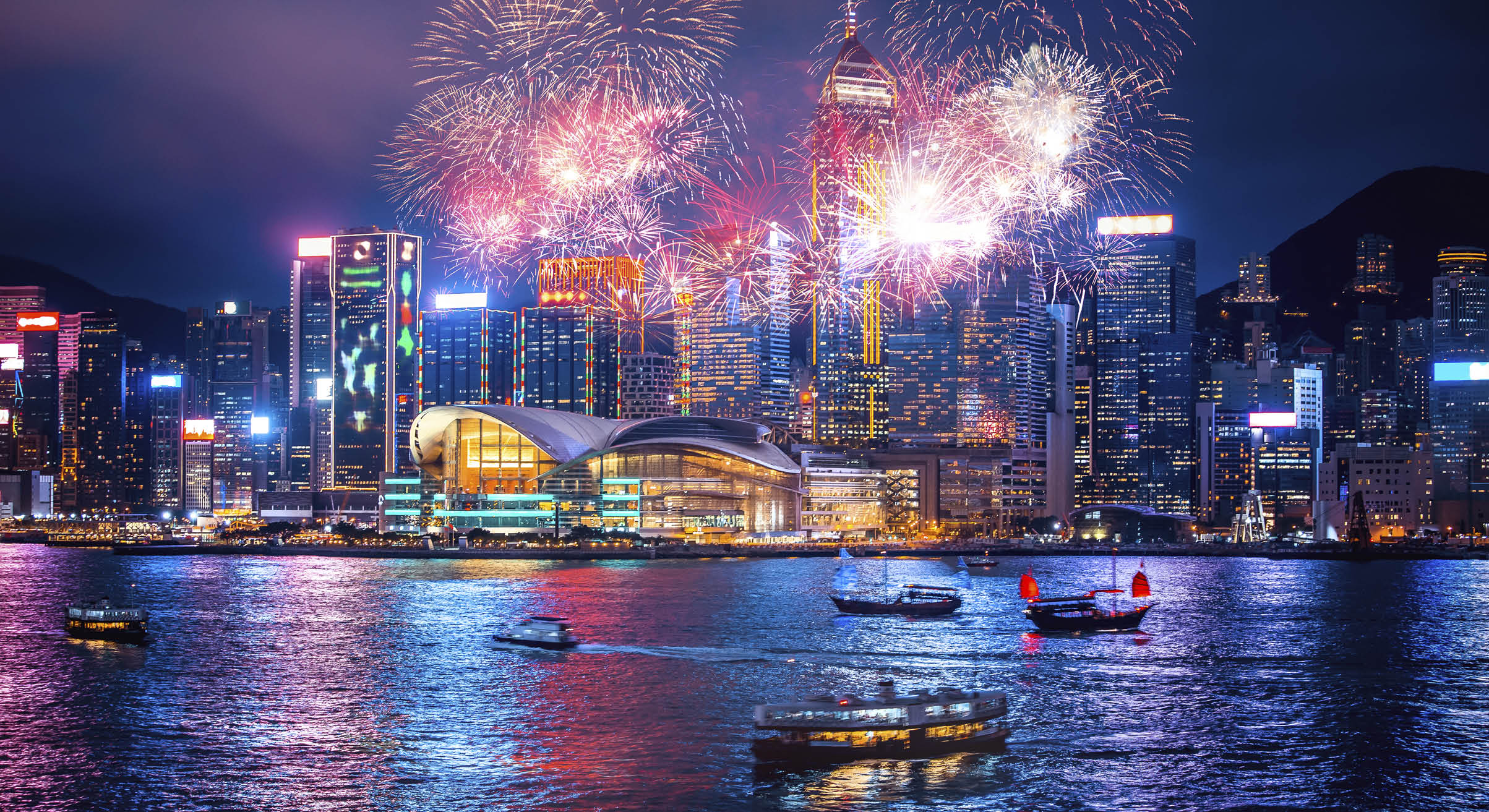 Firework show on Victoria Harbor, Hong Kong