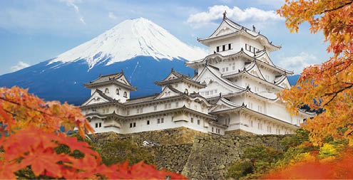 Himeji castle and maple autumn leaves with Fuji mountain background, One of Japan's premier historic castles, Japan