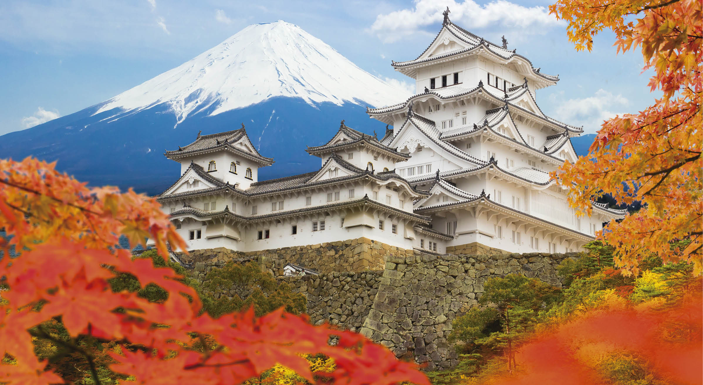 Himeji castle and maple autumn leaves with Fuji mountain background, One of Japan's premier historic castles, Japan