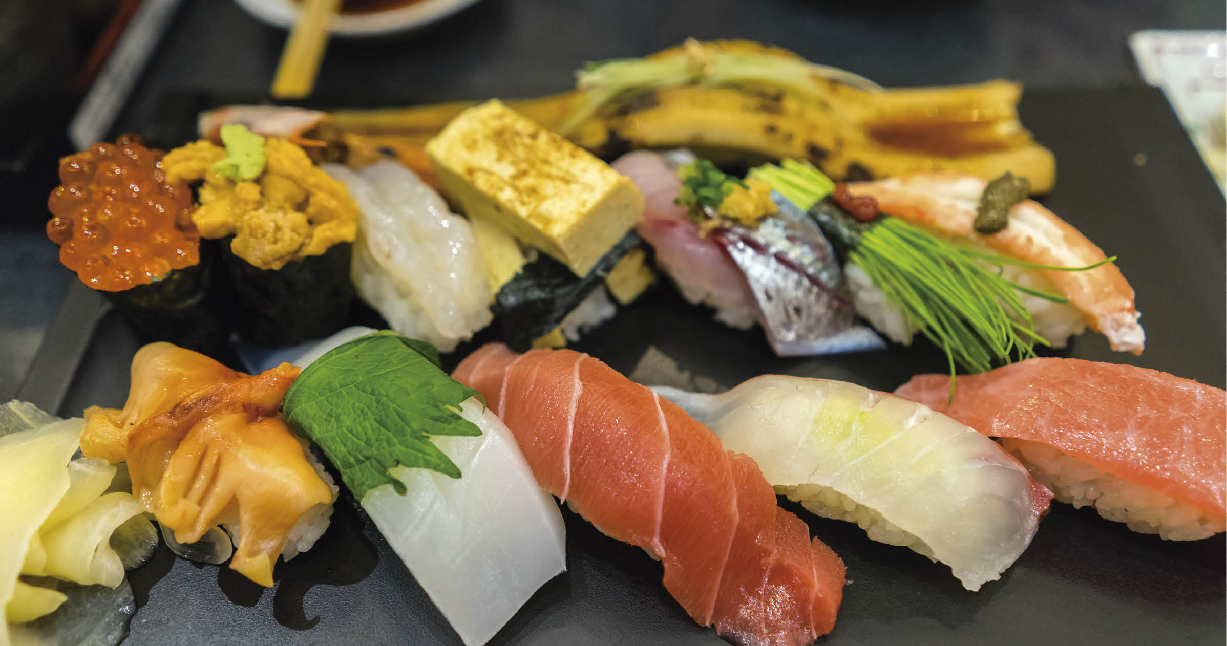 Sushi Set including tuna, snapper, uni, egg, eel, shrimp, etc.