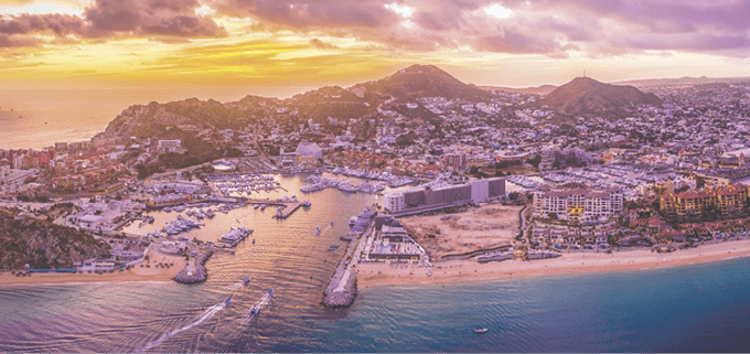 Aerial view of the cityscape of Cabo San Lucas, Mexico marina area at sunset - Los Cabos, Baja California Sur