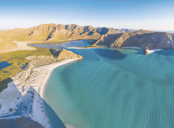 Panoramic Aerial View at sunset of La Paz Beach in Baja California Sur, Mexico