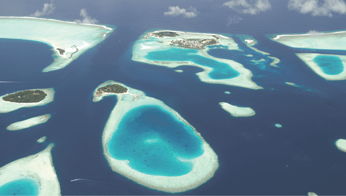 Panoramic view of Maldives islands from sea plane