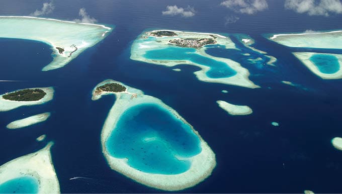 Panoramic view of Maldives islands from sea plane