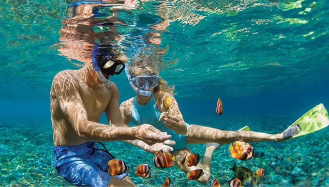 Happy family vacation  Young couple in snorkeling mask hold hand, dive underwater with fishes in coral reef sea pool  Travel lifestyle, watersport adventure, swim activity on summer beach holiday