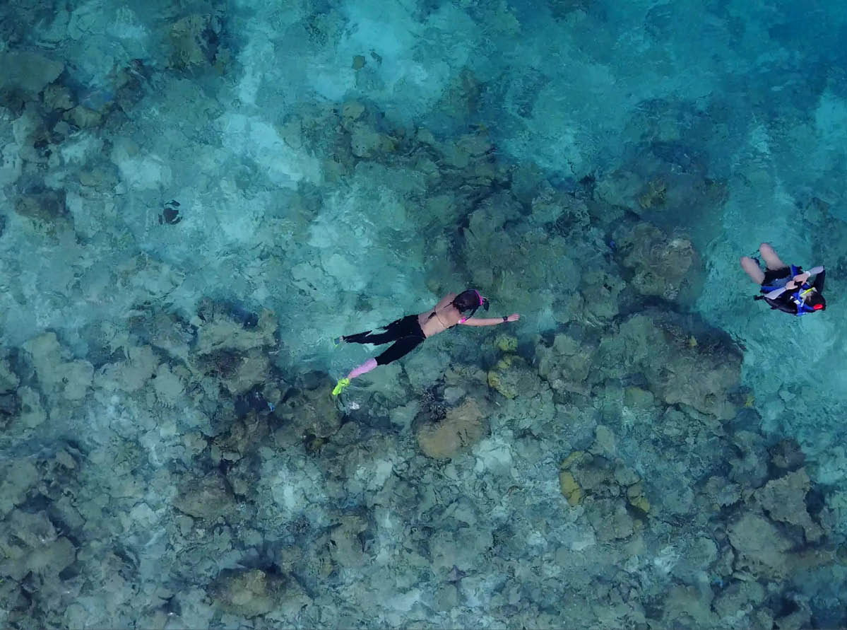 An aerial view of a man diving on the sea in Rasdhoo Island in the Maldives