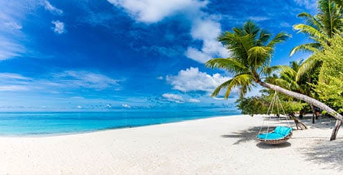 Tropical beach background as summer relax landscape with beach swing or hammock and white sand and calm sea for beach template  Amazing beach scene vacation and summer holiday concept  Luxury travel
