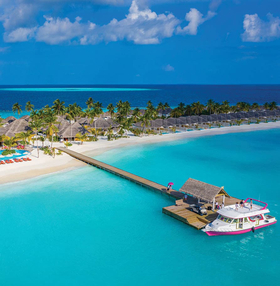Aerial photo of beautiful Maldives paradise tropical beach  Amazing view, blue turquoise lagoon water, palm trees and white sandy beach  Luxury travel vacation destination  Sunny aerial landscape