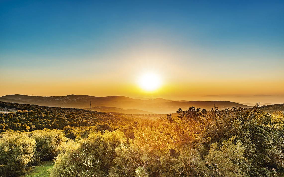 Sunset in Ajloun, Jordan. Ajloun. It is located about 76 km north west of Amman, with Israel visible.