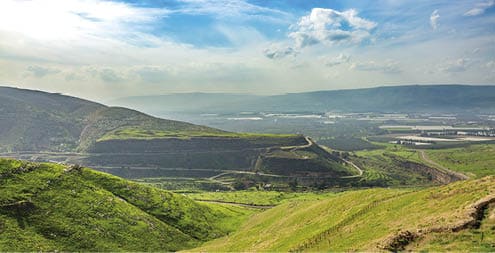 This pic shows Landscape view of the Golan Heights from fortress Nimrod. Israel countryside with Green valley in Golan Heights in Israel. The pic is taken in january 2019.