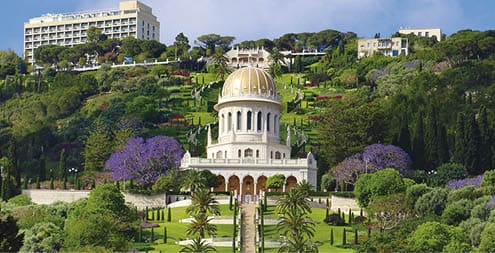 View of Bahai gardens and the Shrine of the Bab on mount Carmel, Haifa, Israel