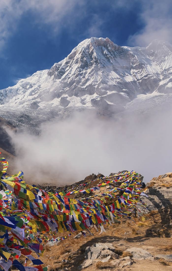 Prayer flags and Mt. Annapurna I background from Annapurna Base Camp ,Nepal.