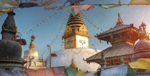 Tibetan flags. Swayambhunath Stupa stands on the hill in Kathmandu, Nepal