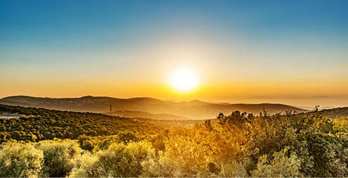 Sunset in Ajloun, Jordan. Ajloun. It is located about 76 km north west of Amman, with Israel visible.