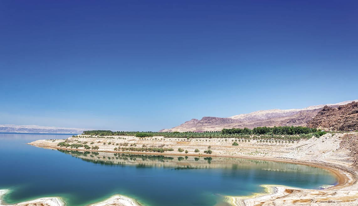 View salt and turquoise water at the Dead Sea in Jordan