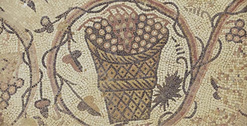 Ancient Roman floor mosaic in the Saint Stevens Church at an archeological site in Umm ar-Rasas, Jordan. UNESCO World heritage site