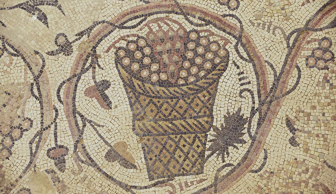 Ancient Roman floor mosaic in the Saint Stevens Church at an archeological site in Umm ar-Rasas, Jordan. UNESCO World heritage site